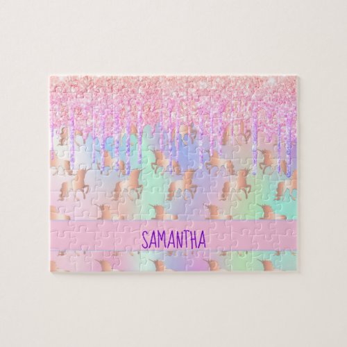 Unicorn glitter drips holographic colored name jigsaw puzzle