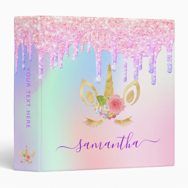 Unicorn glitter drips holographic rainbow monogram 3 ring binder (Front/Spine)