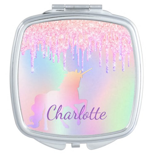 Unicorn glitter drips name holographic girly compact mirror
