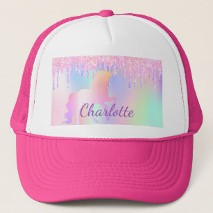 Unicorn glitter drips name holographic girly trucker hat