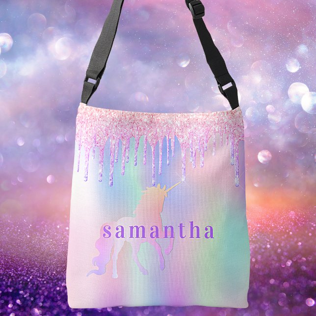 Unicorn glitter drips pink purple custom monogram crossbody bag (Creator Uploaded)