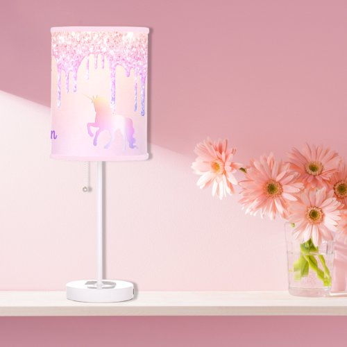 Unicorn glitter drips pink purple monogram name table lamp