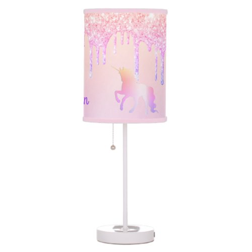 Unicorn glitter drips pink purple monogram name table lamp
