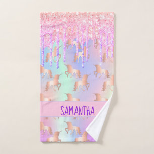 Unicorn glitter drips pink purple name hand towel