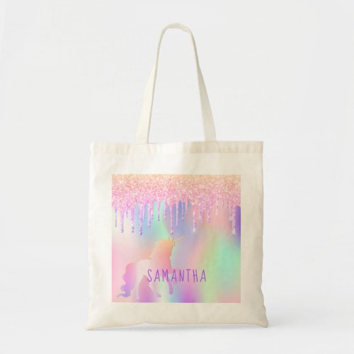 Unicorn glitter drips pink purple name holographic tote bag