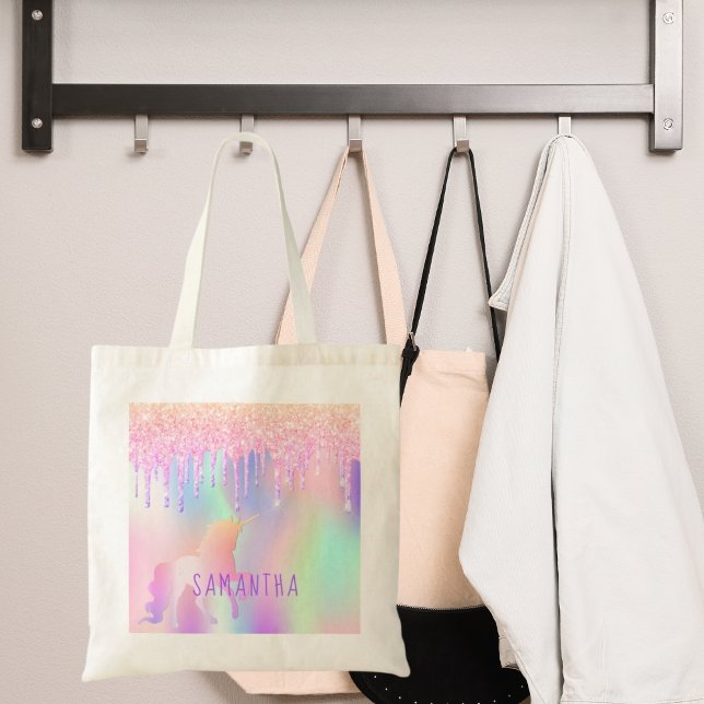 Unicorn glitter drips pink purple name holographic tote bag (Creator Uploaded)