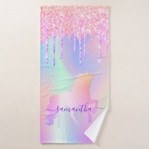 Unicorn glitter drips pink rainbow name bath towel