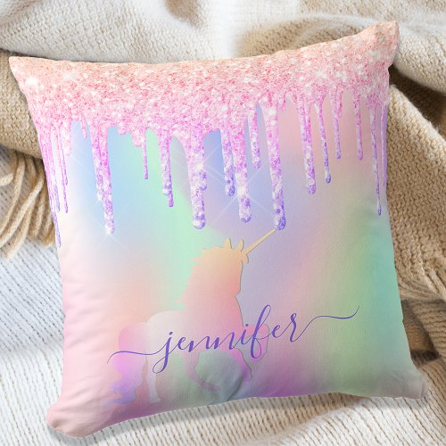 Unicorn glitter drips rainbow girl name script throw pillow