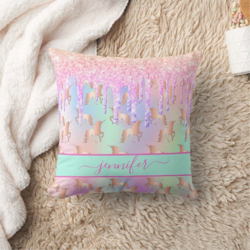 Unicorn glitter drips rainbow girl pink name throw pillow