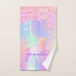 Unicorn glitter drips rainbow name bath towel set