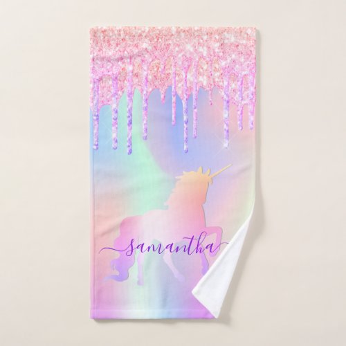 Unicorn glitter drips rainbow name bath towel set