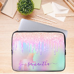 Unicorn glitter drips rainbow name iridescent laptop sleeve<br><div class="desc">A trendy iridescent rainbow colored background with unicorn and rainbow pastel colors in pink, purple, rose gold, mint green. Decorated with faux glitter drips in rose gold, pink and purple. A rainbow colored unicorn. Personalize and add a name, written with a large modern hand lettered style script with swashes. Purple...</div>