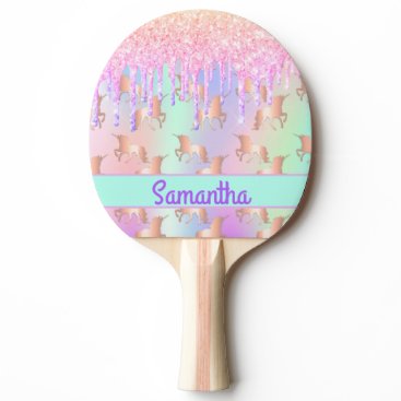 Unicorn glitter drips rainbow pink girl name ping pong paddle