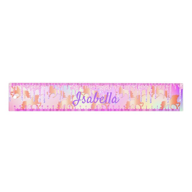 Unicorn glitter drips rainbow pink monogram girl ruler (Front)