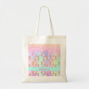 Unicorn glitter drips rainbow pink monogram girl tote bag