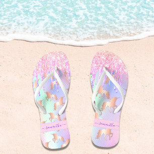 Unicorn glitter drips rainbow pink purple name flip flops