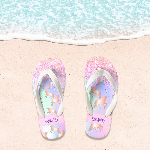 Unicorn glitter drips rainbow pink purple name kids flip flops