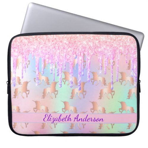 Unicorn glitter drips rainbow pink purple name laptop sleeve