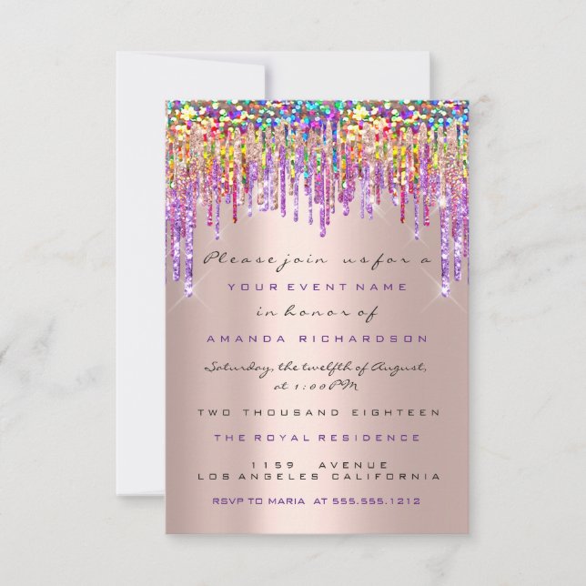 Unicorn Glitter Drips Rose Gold  Bridal Sweet 16th Invitation (Front)