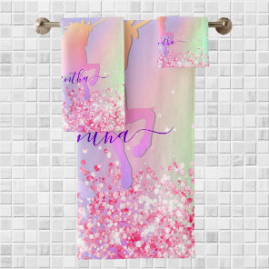 Unicorn glitter dust pink purple name bath towel set