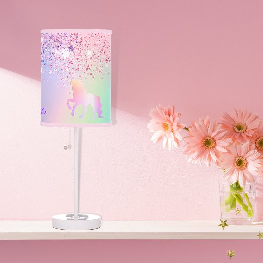 Unicorn glitter dust pink rose gold monogram table lamp