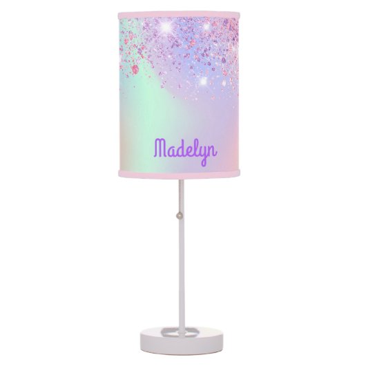 Unicorn glitter dust pink rose gold monogram table lamp (Front)