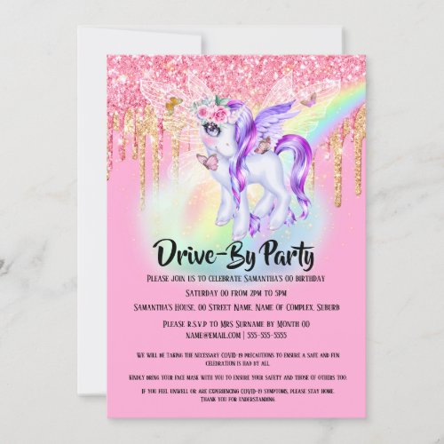 Unicorn glitter fairy pink purple rainbow girls invitation