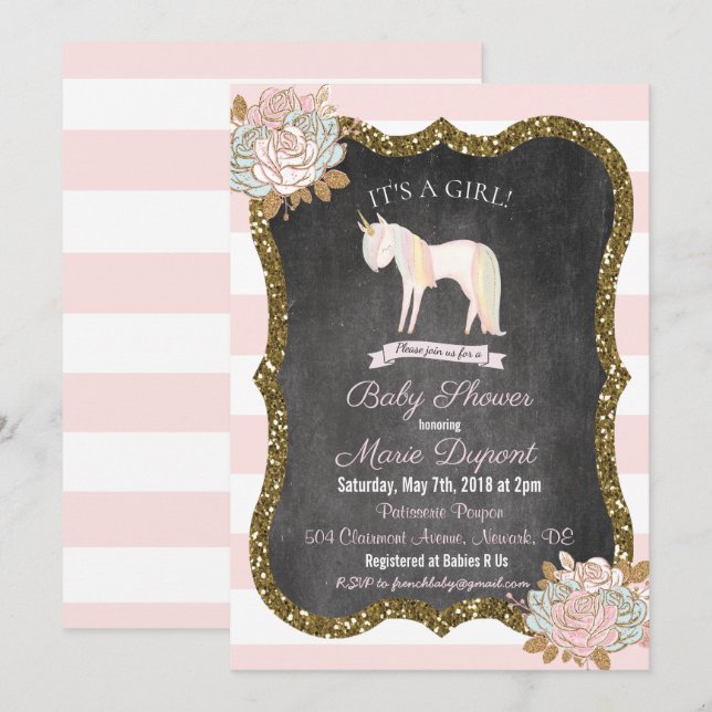 Unicorn Glitter Floral Baby Shower Invitation (Front/Back)