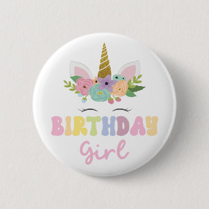 Unicorn Glitter Flower Rainbow Birthday Girl Party Button
