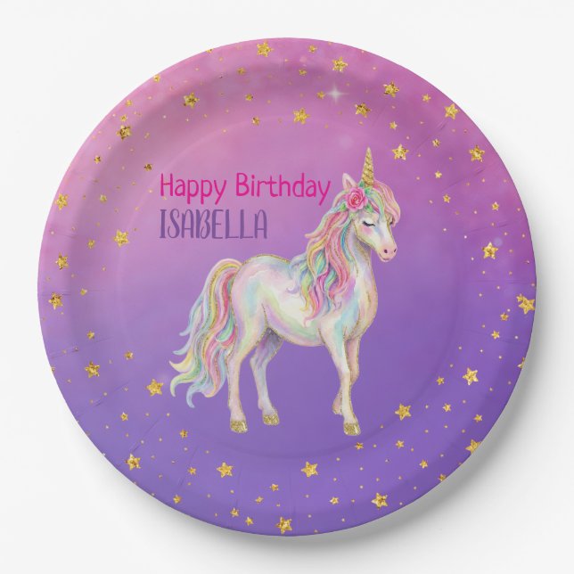 Unicorn Glitter Girls Birthday Paper Plates (Front)