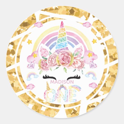 Unicorn Glitter Gold Personalized First Birthday Classic Round Sticker