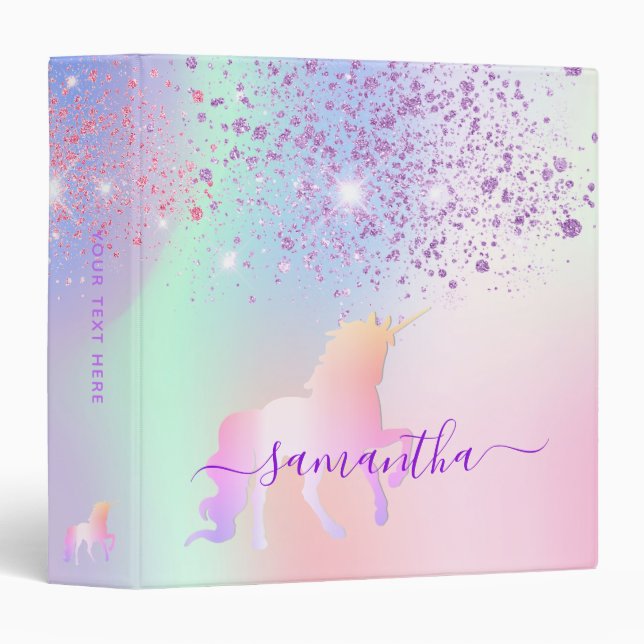 Unicorn glitter holographic name school 3 ring binder (Front/Spine)