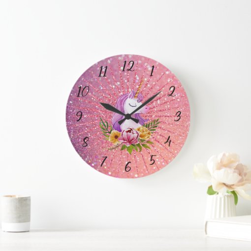 Unicorn Glitter Large Clock | Zazzle