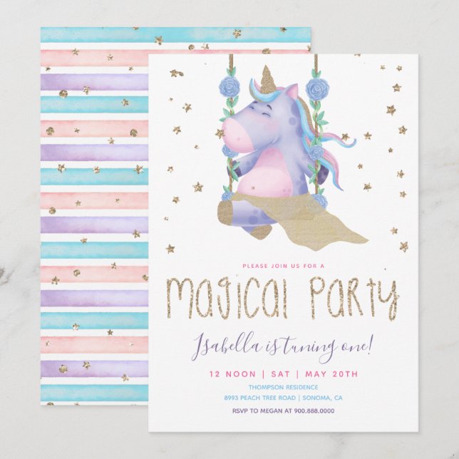 Unicorn Glitter Magical Girl Birthday Party Invitation (Front/Back)