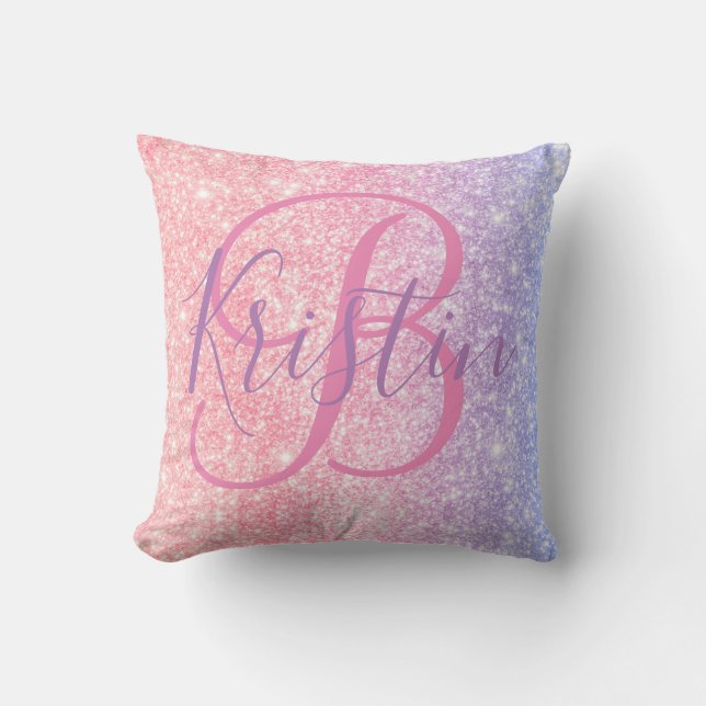 Unicorn Glitter Monogram Throw Pillow (Front)