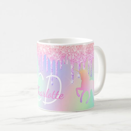 Unicorn glitter pink holographic monogram name coffee mug