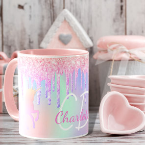 Unicorn glitter pink holographic monogram name mug