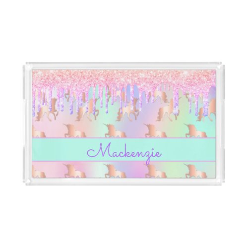 Unicorn glitter pink holographic name acrylic tray