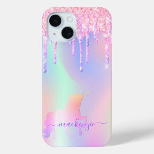 Unicorn glitter pink holographic name iPhone 15 case