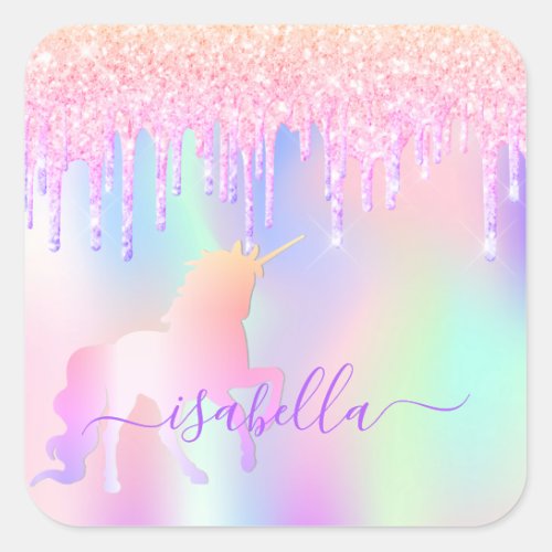 Unicorn glitter pink iridescent rose gold birthday square sticker