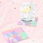 Unicorn glitter pink iridescent rose gold monogram square paper coaster<br><div class="desc">A trendy iridescent background with unicorn and rainbow pastel colors in pink, purple, rose gold, mint green. Decorated with faux glitter drips in rose gold, pink, purple and a rainbow colored unicorn. Purple colored letters. Personalize and add your name written with a mothern hand lettered style script. Perfect for a...</div>