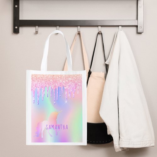 Unicorn glitter pink iridescent rose gold name grocery bag