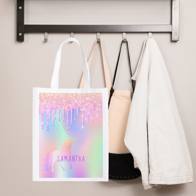 Unicorn glitter pink iridescent rose gold name grocery bag (Creator Uploaded)