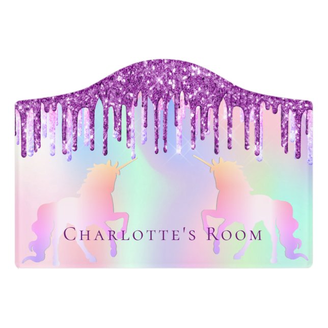 Unicorn glitter pink purple holographic name door sign (Small Crest Front)