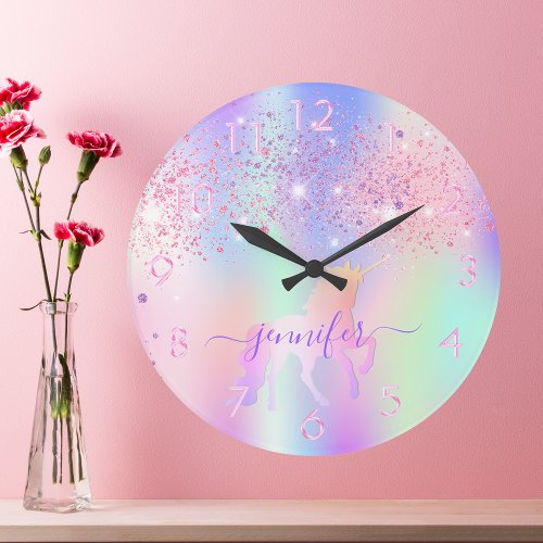 Unicorn glitter pink purple monogram name large clock