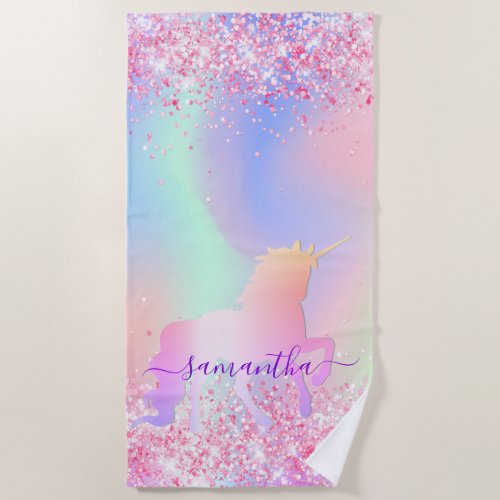 Unicorn glitter pink purple name holographic beach towel