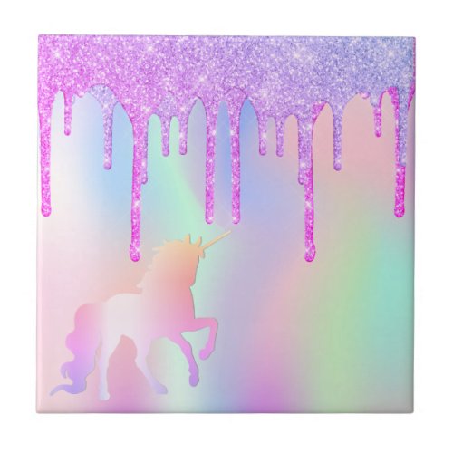 Unicorn glitter pink rainbow colored glittery ceramic tile