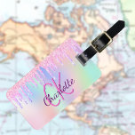 Unicorn glitter pink rainbow holographic monogram luggage tag<br><div class="desc">A trendy holographic colored background with unicorn and rainbow pastel colors in pink,  purple,  rose gold,  mint green. Decorated with faux glitter drips in rose gold,  pink,  purple. Personalize and add a name on front.  Add your contact information on back.</div>