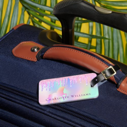 Unicorn glitter pink rainbow nam holographic girl luggage tag