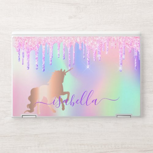 Unicorn glitter pink rose gold rainbow holographic HP laptop skin